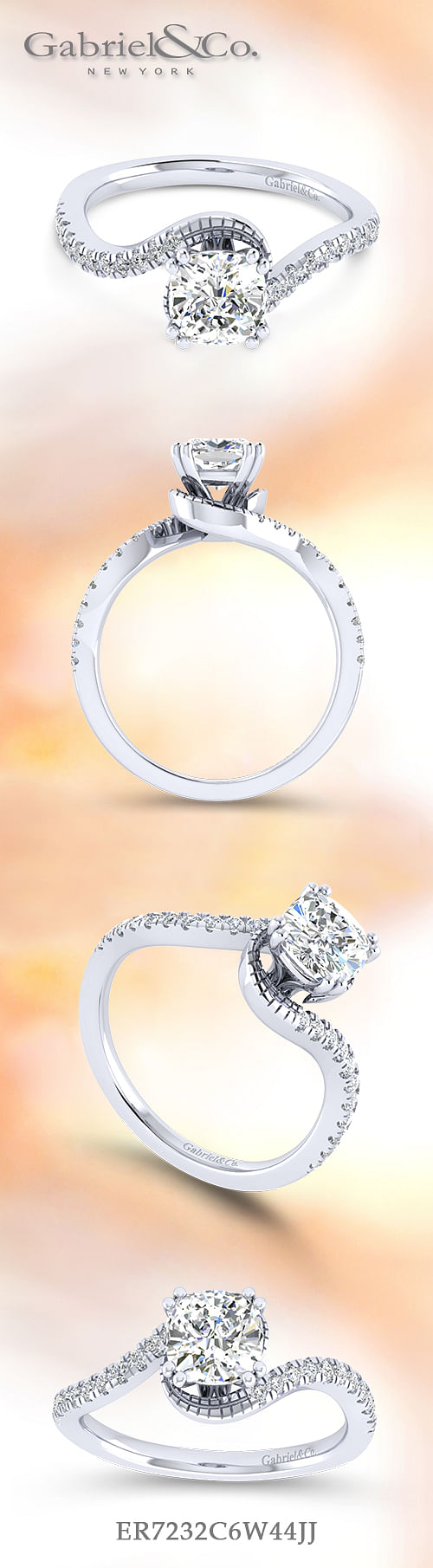 14K White Gold Cushion Cut Bypass Diamond Engagement Ring angle 